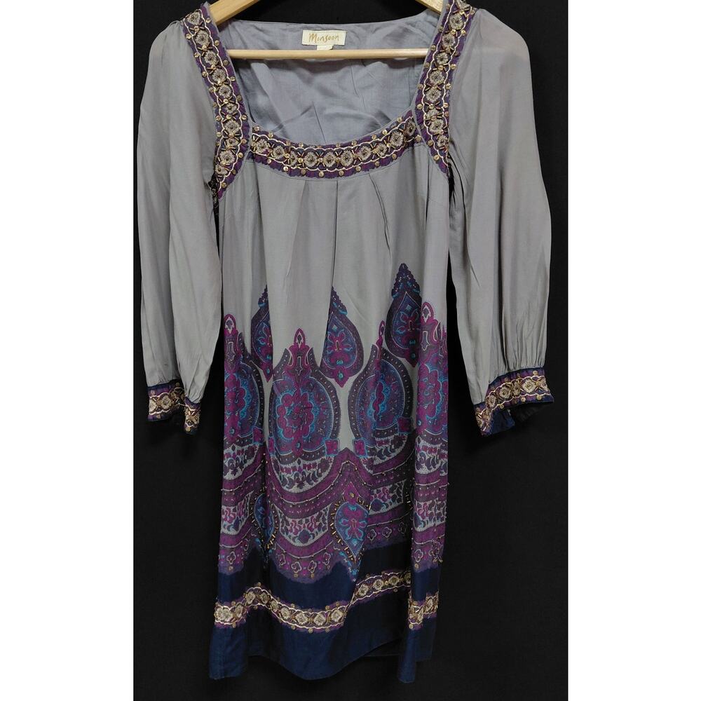 Monsoon Embroidered Boho Dress Gray Paisley Woven Knee Length 3/4 Sleeve Size 4